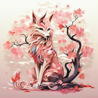 Low poly Kitsune under a beautifully blooming sakura tree - Image 1