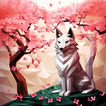 Low poly Kitsune under a beautifully blooming sakura tree - Image 3