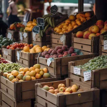 Top view of fresh fruits and vegetables on display at a market stall - Image 1