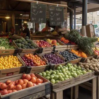 Top view of fresh fruits and vegetables on display at a market stall - Image 3