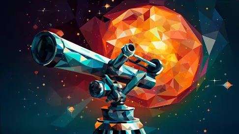 Low poly representation of galaxies through a telescope in vibrant tones inspired by Tony Duquette