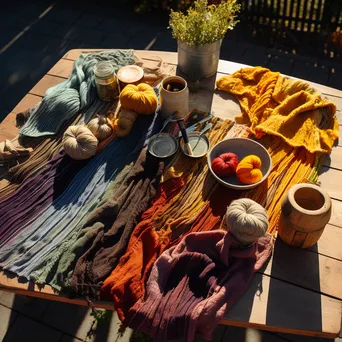 Organized patterns of traditional dyed wool on an outdoor table - Image 2