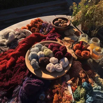 Organized patterns of traditional dyed wool on an outdoor table - Image 3