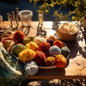 Organized patterns of traditional dyed wool on an outdoor table - Image 4