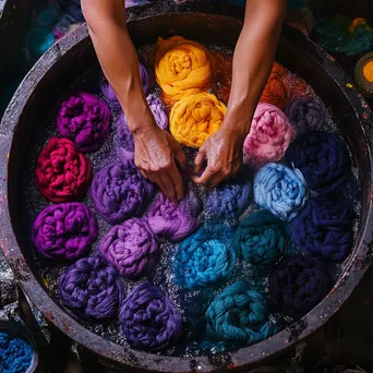 Artisan immersing wool skeins in vibrant dye bath - Image 2