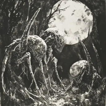 Ink wash depiction of grotesque creatures hidden in an undergrowth under moonlight - Image 1