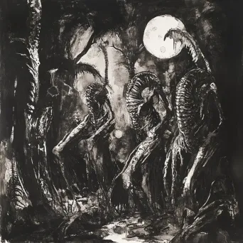 Ink wash depiction of grotesque creatures hidden in an undergrowth under moonlight - Image 4