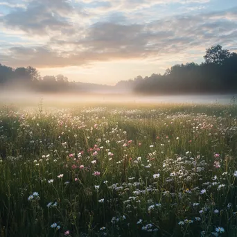 A fog-covered meadow with wildflowers at dawn - Image 2