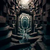 Young girl navigating through labyrinth of tall ancient stone walls - Image 3