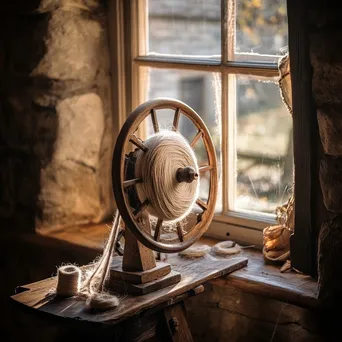 Spinning wheel transforming flax fibers into linen thread. - Image 2