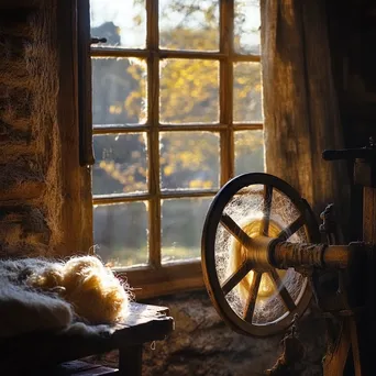 Spinning wheel transforming flax fibers into linen thread. - Image 3