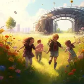 Image of children playing in field of wildflowers - Image 2