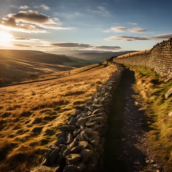 Panoramic view of a dry stone wall in rolling hills at sunset. - Image 2