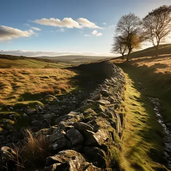 Panoramic view of a dry stone wall in rolling hills at sunset. - Image 4