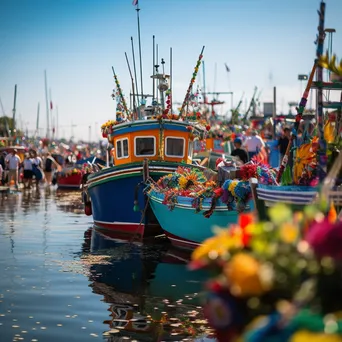 Fishing boats adorned for a festival at a lively harbor celebration. - Image 2