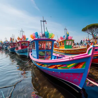 Fishing boats adorned for a festival at a lively harbor celebration. - Image 3