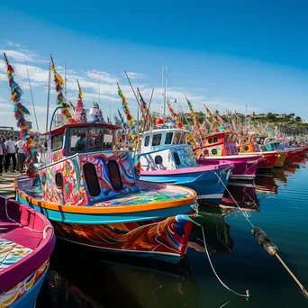 Fishing boats adorned for a festival at a lively harbor celebration. - Image 4