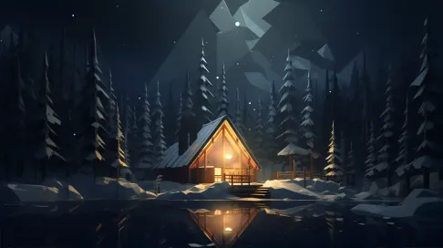 Cozy, low poly cabin in snow-covered forest on a peaceful night - Image 2