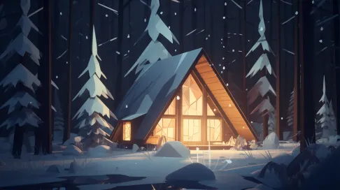 Cozy, low poly cabin in snow-covered forest on a peaceful night - Image 3