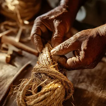 Close-up of hands weaving natural fibers into rope - Image 3