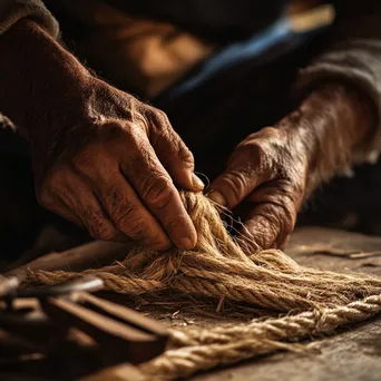 Close-up of hands weaving natural fibers into rope - Image 4