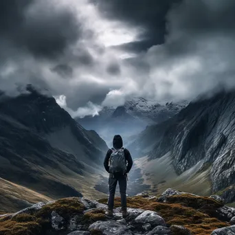 A hiker looking at a mountain view with storm clouds - Image 1