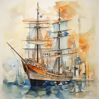 Watercolor painting depicting the stages of replacement in the Ship of Theseus paradox - Image 1