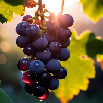 Close-up of fresh grapes on vine with dew in morning light - Image 1