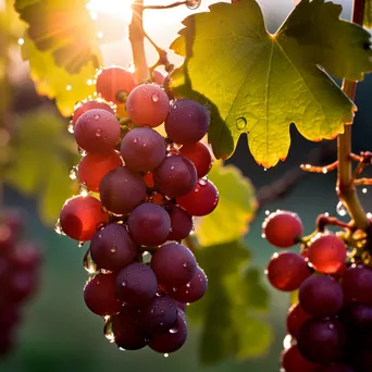 Close-up of fresh grapes on vine with dew in morning light - Image 4