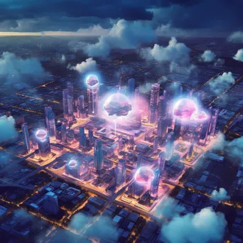 Aerial view of a smart city with cloud computing highlights. - Image 1