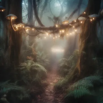 Enchanted forest with glowing mushrooms and mist-covered pathway - Image 1