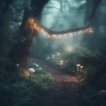 Enchanted forest with glowing mushrooms and mist-covered pathway - Image 4