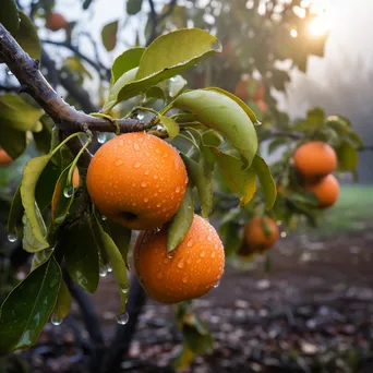 Orange orchard shrouded in morning fog - Image 2