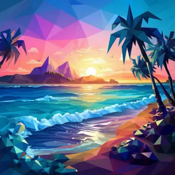 Low Poly tropical beach scene with azure color gradients - Image 2