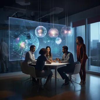 Data scientists collaborating in a modern conference room with cloud visuals. - Image 1