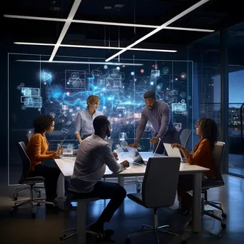 Data scientists collaborating in a modern conference room with cloud visuals. - Image 3