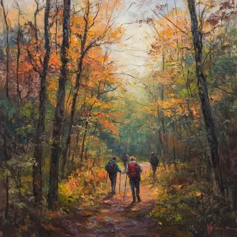 Plein air painting of trekkers journeying through an autumn forest - Image 3