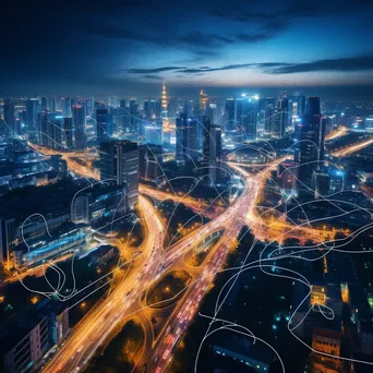 Illuminated smart city skyline at night with interconnected traffic systems. - Image 2