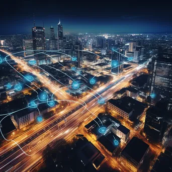 Illuminated smart city skyline at night with interconnected traffic systems. - Image 3