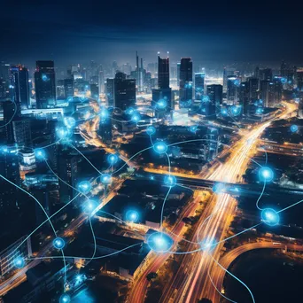 Illuminated smart city skyline at night with interconnected traffic systems. - Image 4