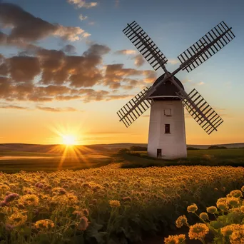 Traditional windmill at sunset with green fields - Image 1