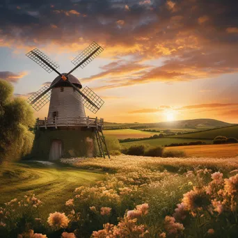 Traditional windmill at sunset with green fields - Image 3