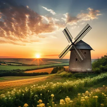 Traditional windmill at sunset with green fields - Image 4