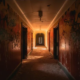 Image of a desolate asylum hallway with flickering lights - Image 4