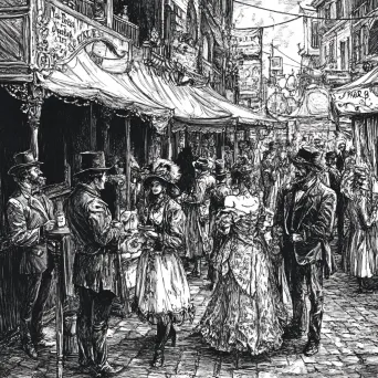 Detailed ink illustration of a bustling Victorian-era street fair demonstrating camaraderie - Image 1