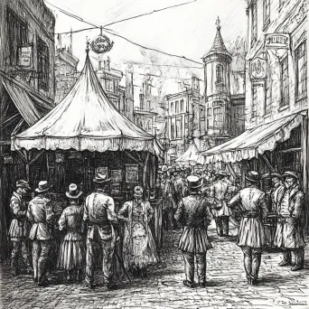 Detailed ink illustration of a bustling Victorian-era street fair demonstrating camaraderie - Image 3