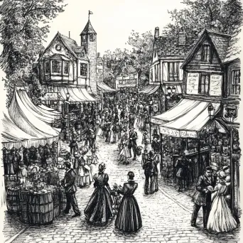 Detailed ink illustration of a bustling Victorian-era street fair demonstrating camaraderie - Image 4