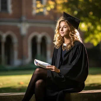 Graduate with diploma reflecting on campus in the morning light - Image 1