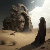 Seeress summoning a vision of a forgotten civilization emerging from sand - Image 1