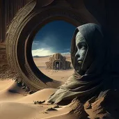 Seeress summoning a vision of a forgotten civilization emerging from sand - Image 4